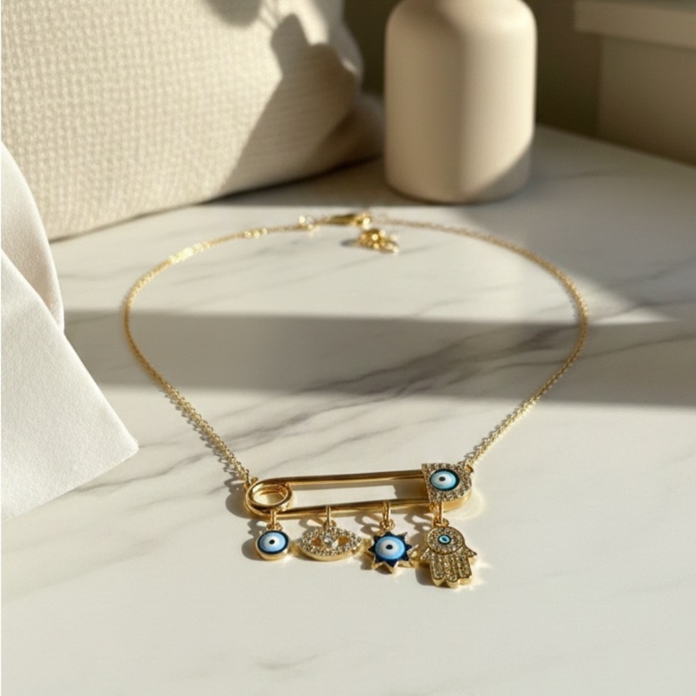 Classy Gold Hamsa & Evil Eye Charm Necklace | Protection Jewelry